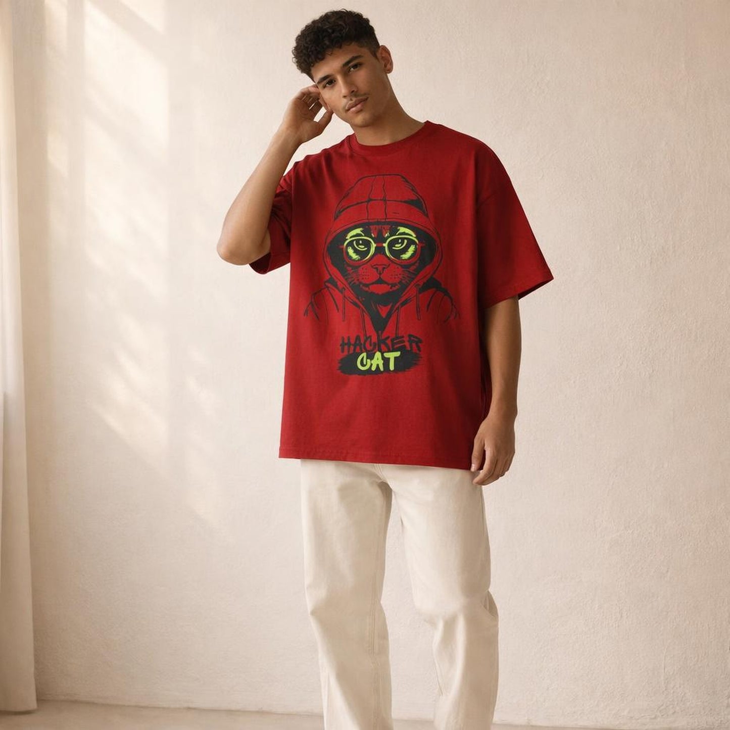 Hacker Cat | Oversized Classic T-Shirt | Black Cat Red · on a man
