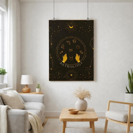 Celestial Hands | A3 Poster | Gold Zodiac on Black — front view
