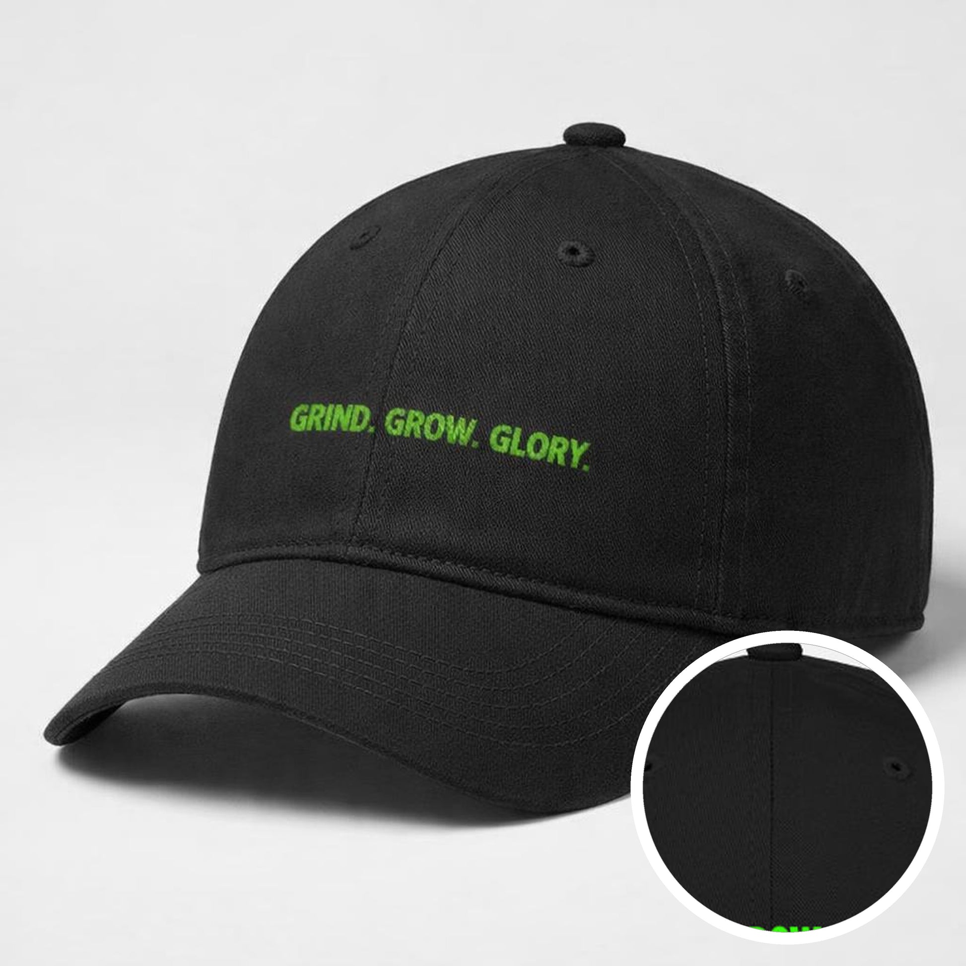 Grind Grow Glory | Baseball Cap | Embroidered · design detail
