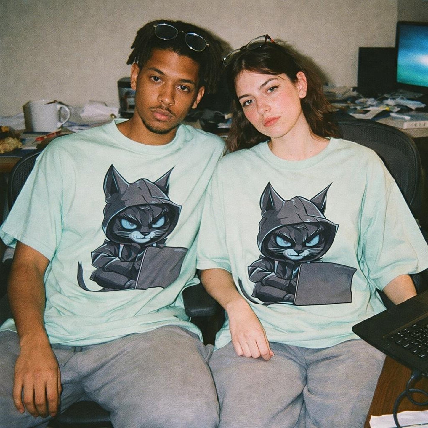 Hacker Cat | Oversized T-Shirt | Mint · on a man and a woman