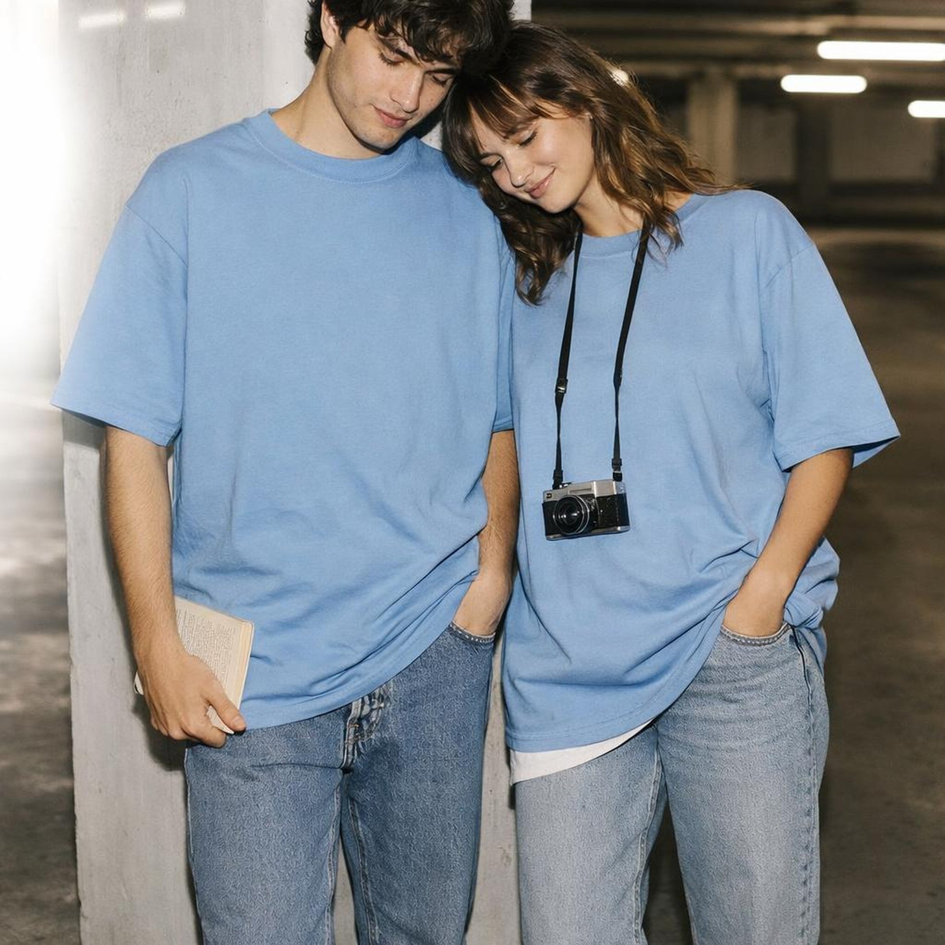 Soft Blue | Oversized T-Shirt | Plain · on a man and a woman